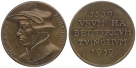 Schweiz Reformation
Huldrich Zwingli 1519 - 1919 Br - Medaille 1919 auf die 400 Jahr Feier, von Hans Frei, Dm 40mm. 28,34g f.stgl