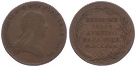 Leopold II. 1790 - 1792
 Cu - Jeton 1791 auf die Huldigung im Gewicht von 2 Liards. Brüssel. 5,78g. ??? f.ss