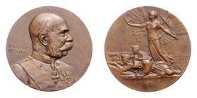 Franz Joseph I. 1848 - 1916
 Bronzemedaille 1914 des K + K Kriegsfürsorgeamtes, Dm 50 mm, von Hartig. Wien. 52,92g. Wurzb. 2681 vz/stgl