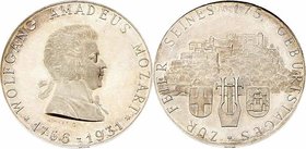 Silbermedaille 1931 von Hartig, zum 175 Geb. von Wolfgang Amadeus Mozart ( 1756 - 1791 ), Dm 38,8 mm. Salzburg. 19,33g. Macho 89, Niggl 1376 PP