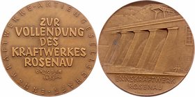 Bronzemedaille 1953 auf die Vollendung des Ennskraftwerkes Rosenau, von Köttenstorfer. 47,40g. 50 mm vz/stgl