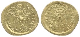 Byzantinische Münzen Justinianus I. 527 - 565
 Solidus o. J. Konstantinopel. 4,37g. MIB 7. im Av. eine Schürfspur vz