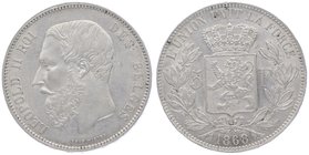 Belgien Leopold II. 1865 - 1909
 5 Francs 1868 Brüssel. 24,98g. KM 24 vz/stgl