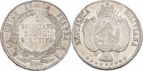 Bolivien Republik
 1 Boliviano 1866 PTS - FP 25,32g. KM 152.1. übliche Ausprägung stgl