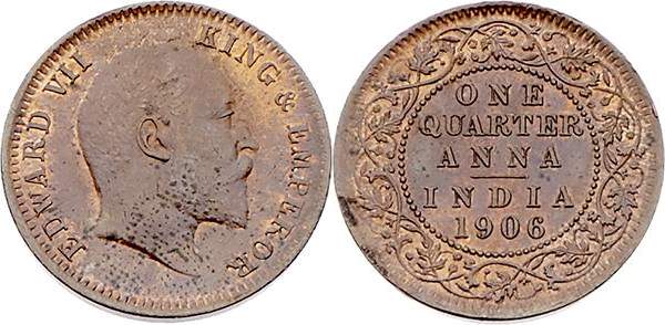 British Indien Edward VII. 1901 - 1910
 1/4 Anna 1906 Bombay. 4,80g. KM 502. wi...