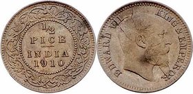 British Indien Edward VII. 1901 - 1910
 1/2 Pice 1910 Kalkutta. 2,39g. KM 499 stgl