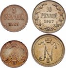 Finnland unter Russland Alexander II. 1855 - 1889
 5+10 Pennia 1866/1907 Helsinki. 6,25+ 12,92g. KM 4.1, 14 ss/vz