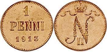 Finnland unter Russland Nikolaus II. 1894 - 1917
 1 Penni 1913 Helsinki. 1,37g....