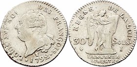Frankreich Louis XVI. 1774 - 1793
 30 Sols 1792 A Paris. 10,06g. KM 606.1 ss/vz