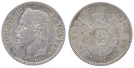 Frankreich Napoleon III. 1852 - 1870
 1 Francs 1867 BB Strassburg. 5,00g. KM 806.2, Gadoury 463 vz/stgl