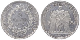 Frankreich Republik
 5 Francs 1873 A Paris. 24,93g. KM 820.1, Gad. 745a vz/stgl