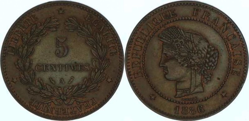 Frankreich Republik
 5 Centimes 1886 A Paris. 4,87g. KM 821.1 stgl