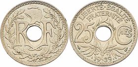 Frankreich Republik
 25 Centimes 1939 Paris. 4,06g. KM 867b stgl