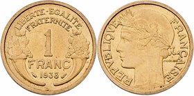 Frankreich Republik
 1 Francs 1938 Paris. 4,00g. KM 885 vz/stgl