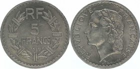 Frankreich Republik
 5 Francs 1945 C 3,55g. KM 888b.3 vz/stgl