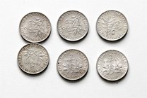 Frankreich Republik
 Lot 6 Stück 2 Francs 1905,14,15,18,19(2x) vz/stgl