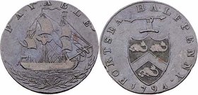 Großbritannien Georg III. 1738 - 1820
 1/2 Penny 1794 Portsea. London. 10,42g. DH 68. Randfehler ss