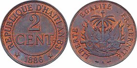 Haiti Republik
 2 Centimes 1886 A Paris. 9,82g. KM 49 stgl