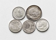 Indien
 Lot 5 Stück Six Pence 1913, Six Pence 1925, Six Pence 1926, Six Pence 1923, Shil ss-stgl