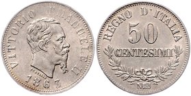 Italien Königreich
Vittorio Emanuell II. 1861-1878 50 Centesimi 1863 MBN 2,52g. KM 14.1 vz/stgl