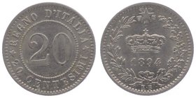 Italien Königreich
Umberto I. 1878 - 1900 20 Centesimi 1894 KB Kremnitz. 3,98g. KM 28.1., Pag. 611 vz/stgl