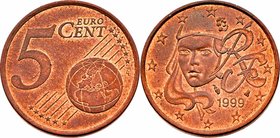 Italien nach 1945
 5 Cent 1999 Rom. 3,86g. Revers 90 8 verdreht vz/stgl
