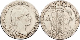 Italien Neapel
Ferdinand IV. 1713 - 1759 120 Grana 1798 P/M-AP Neapel. 27,42g. KM 215, Dav. 1409 ss