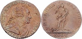Italien Sardinien
Vittorio Amedo III. 1794 - 1796 5 Sol 1794 Turin. 5,01g. KM 91. win. Prägeschwäche f.vz/vz
