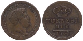 Italien Sizilien
Ferdinand II. 1830 - 1859 2 Tornesi 1858 Neapel. 5,80g. KM 327, Gig. 262 ss