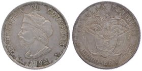 Kolumbien Republik
 50 Centavos 1892 400 Jahre Kolumbus. 12,5g. KM 187.2