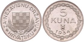 Kroatien
 5 Kuna 1934 Probe in Silber. Wien. 4,63g. KM Pn 7 EA/PP