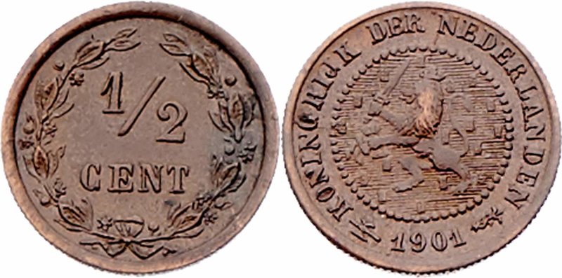 Niederlande Wilhelmina I. 1890 - 1948
 1/2 Cent 1901 Utrecht. 1,2g. KM 109.1 vz...