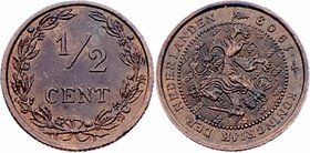 Niederlande Wilhelmina I. 1890 - 1948
 1/2 Cent 1903 Utrecht. 1,2g. KM 109.1 vz/stgl