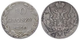 Polen Nikolaus I. von Russland 1825 - 1855.
 10 Groszy 1840 Warschau. 2,74g. Kopicki 9387, Bitkin 1182. ss/vz