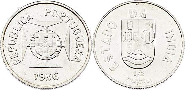 Portugal - Indien
 1/2 Rupia 1936 Lissabon. 5,75g. KM 23 stgl