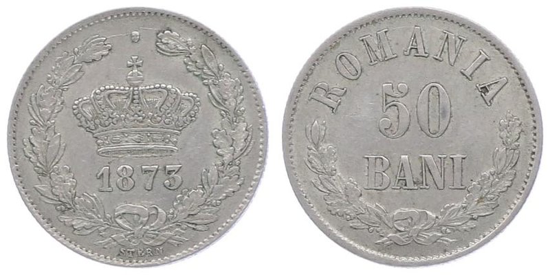 Rumänien Carol I. 1866 - 1914
 50 Bani 1873 Brüssel. 2,50g. Schäffer/Stambuliu ...
