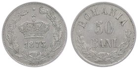 Rumänien Carol I. 1866 - 1914
 50 Bani 1873 Brüssel. 2,50g. Schäffer/Stambuliu 008. vz