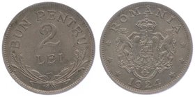 Rumänien Ferdinand I. 1914 - 1927
 2 Lei 1924 Paris. 7,20g. KM 47 vz