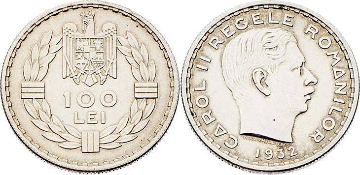 Rumänien Carol II. 1930 - 1940
 100 Lei 1932 London. 10,55g. KM 52 vz/f.stgl