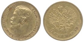 Russland Nikolaus II. 1894 - 1917
 5 Rubel 1899 St. Petersburg. 4,30g. Kratzer im Avers ss+