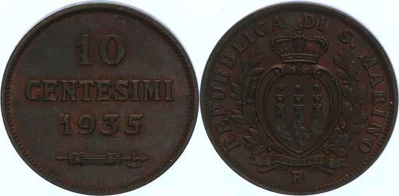 San Marino Republik
 10 Centesimi 1935 R Rom. 5,45g. KM 13 stgl