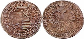 Matthias II. 1612 - 1619
 Raitpfennig 1615 Markgrafen u. Herzöge der Steiermark. Wien für Niederösterreich. 4,51g. Prok. A3/1/99. win. Korrosion f.ss...