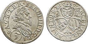 Ferdinand II. als Kaiser 1619 - 1637
 3 Kreuzer 1639 Graz. 1,65g. MzA. Seite 137, Her. 721b, seltene Variante stgl