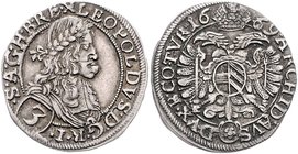 Leopold I. 1657 - 1705
 3 Kreuzer 1669 Wien. 1,72g. Her. 1316 var. f.vz
