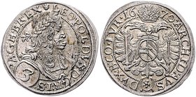 Leopold I. 1657 - 1705
 3 Kreuzer 1670 Av. breitere Büste, Rv. ohne Innenkreis. Wien. 1,66g. Her.-- vz
