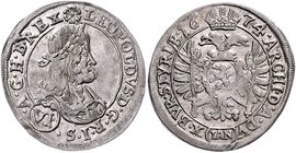 Leopold I. 1657 - 1705
 VI Kreuzer 1674 IAN mit großer Rosette nach REX und im RV. DV(IAN)X.BVR. Graz. 2,99g. Her. 1160 var. ss/vz