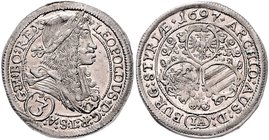 Leopold I. 1657 - 1705
 3 Kreuzer 1697 IA Graz. 1,66g. Her. 1361 vz/stgl