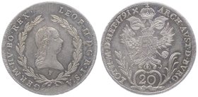 Leopold II. als Kaiser 1790 - 1792
 20 Kreuzer 1791 F Hall. 6,70g. Her. 68 stgl