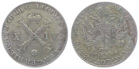 Leopold II. als Kaiser 1790 - 1792
 XIV Liards 1792 Brüssel. 2,74g. Her. 91 ss/vz