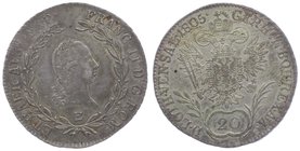 Franz II. 1792 - 1806
 20 Kreuzer 1805 E Karlsburg. 6,68g. Her. 687. min. justiert vz